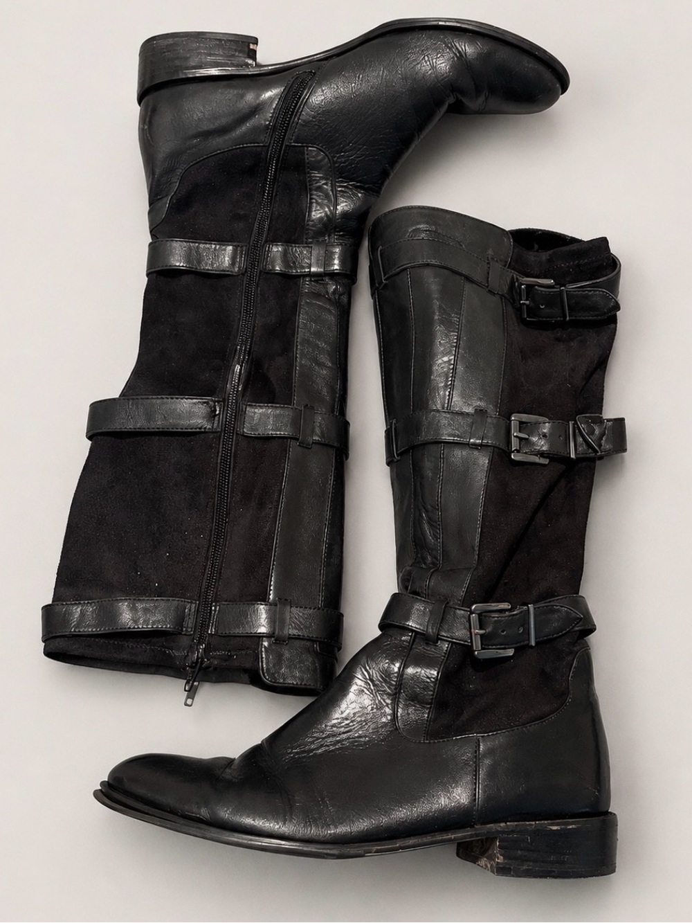 Genuine Leather Black Triple Buckle Knee High Riding Boots Size 9